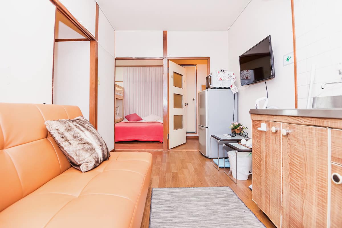 A compact living space with a sofa, a bed, a kitchenette, and a TV.