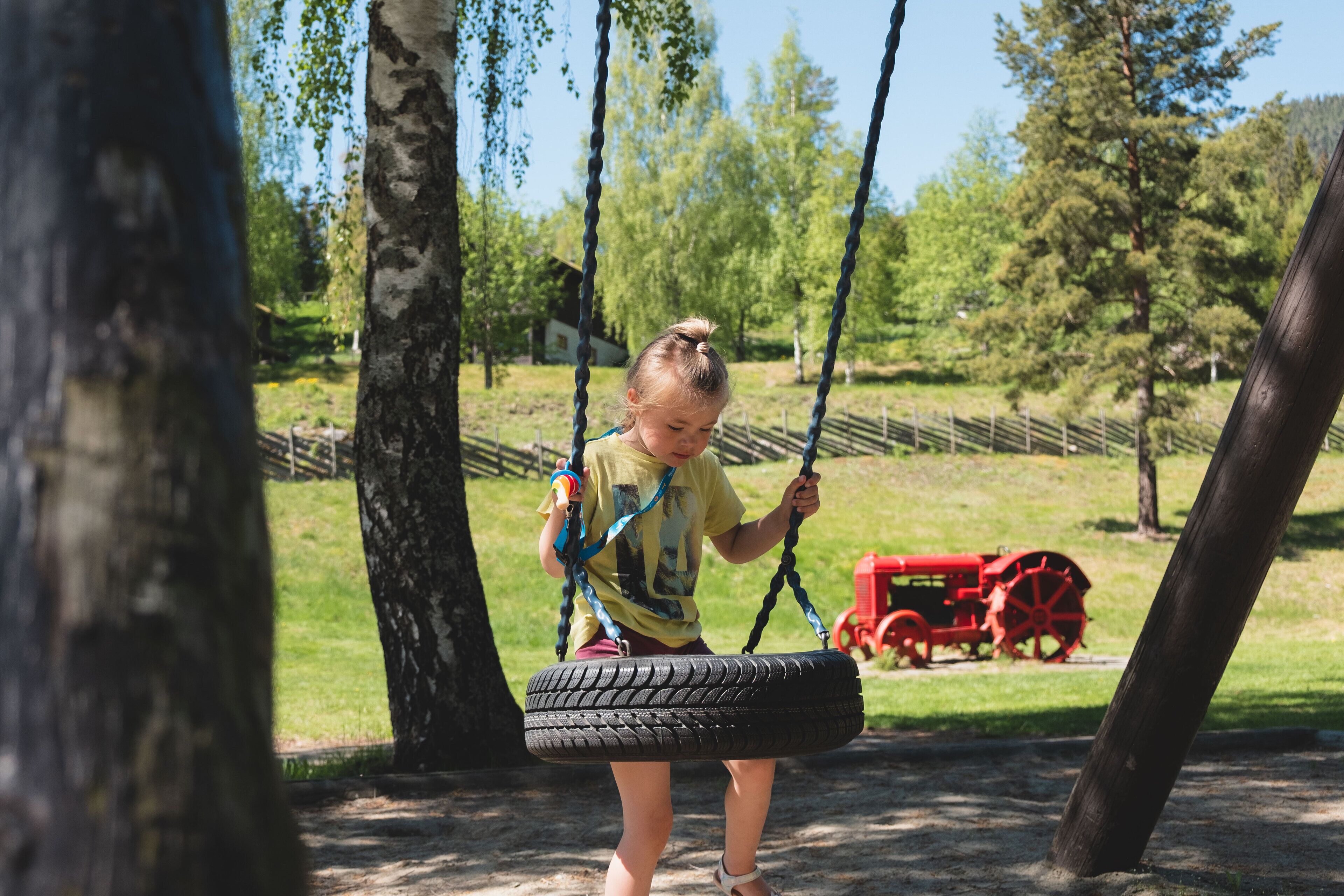 Et barn gynger i et dæk i en park med træer og en rød traktor i baggrunden.