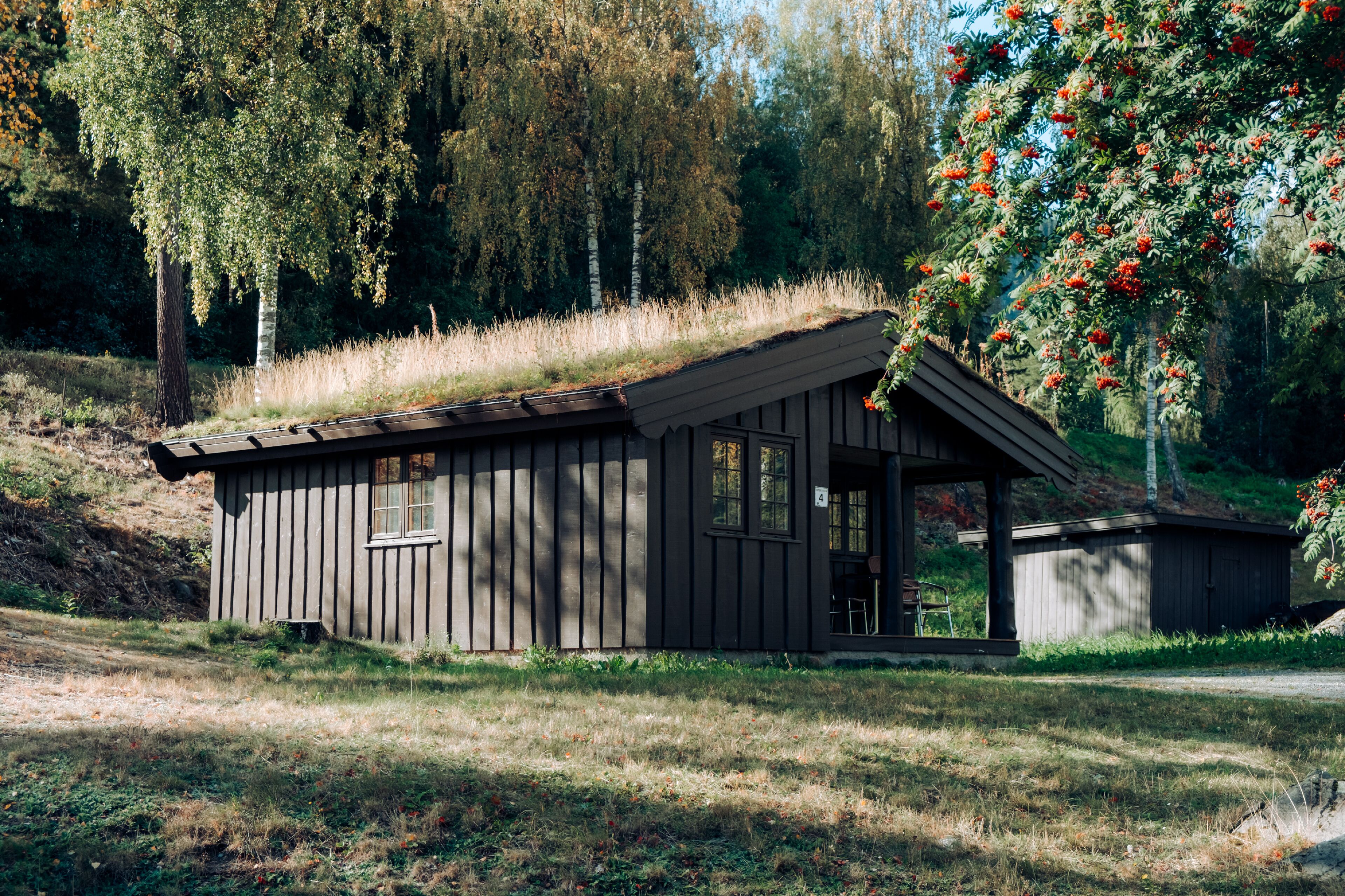 A rustic cabin with a sloped roof, a small porch, and a grassy roof.