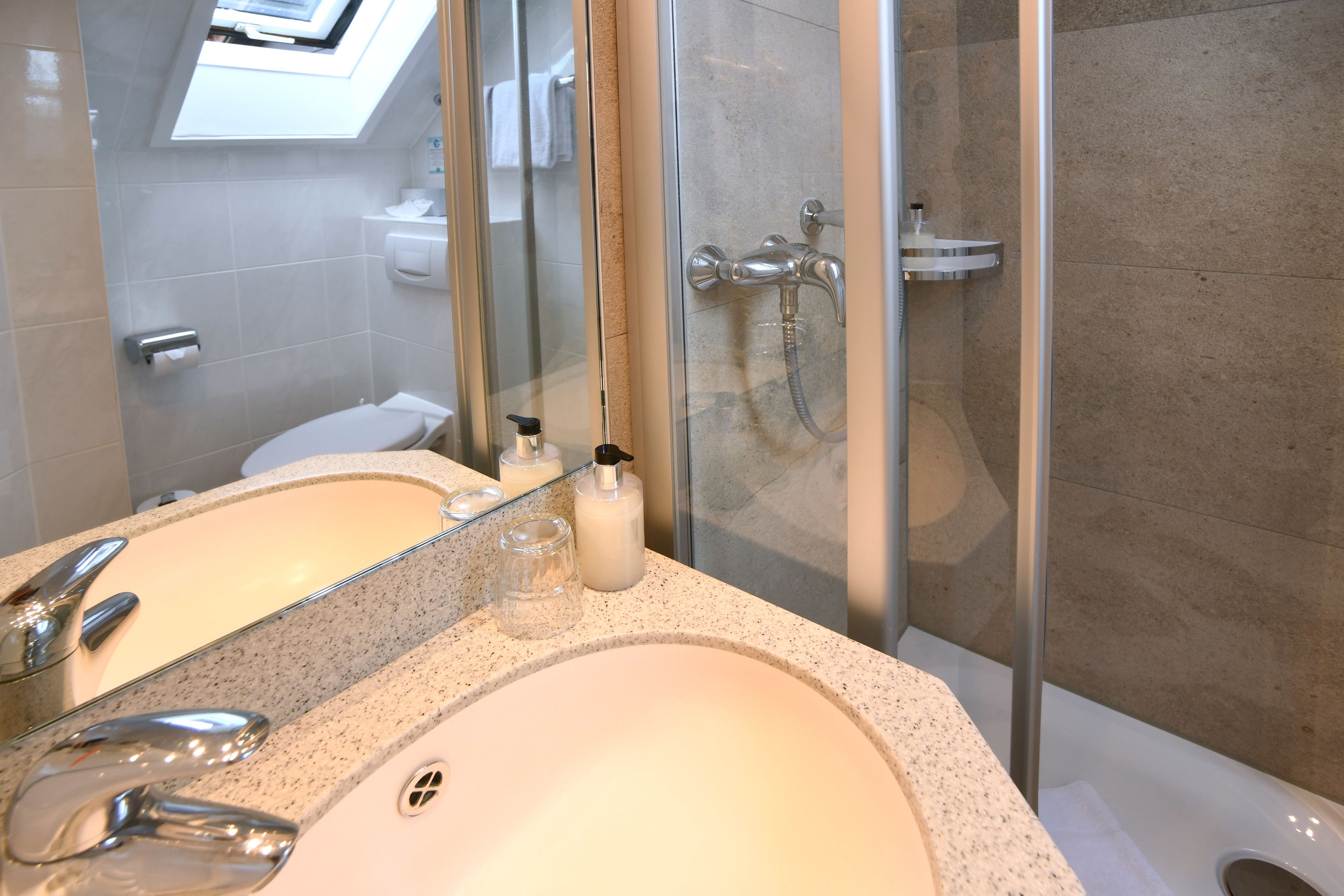 A bathroom with a glass-enclosed shower, a sink with a mirror, and a toilet.