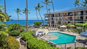 Ein Resort mit Swimmingpool, Palmen und Meerblick.