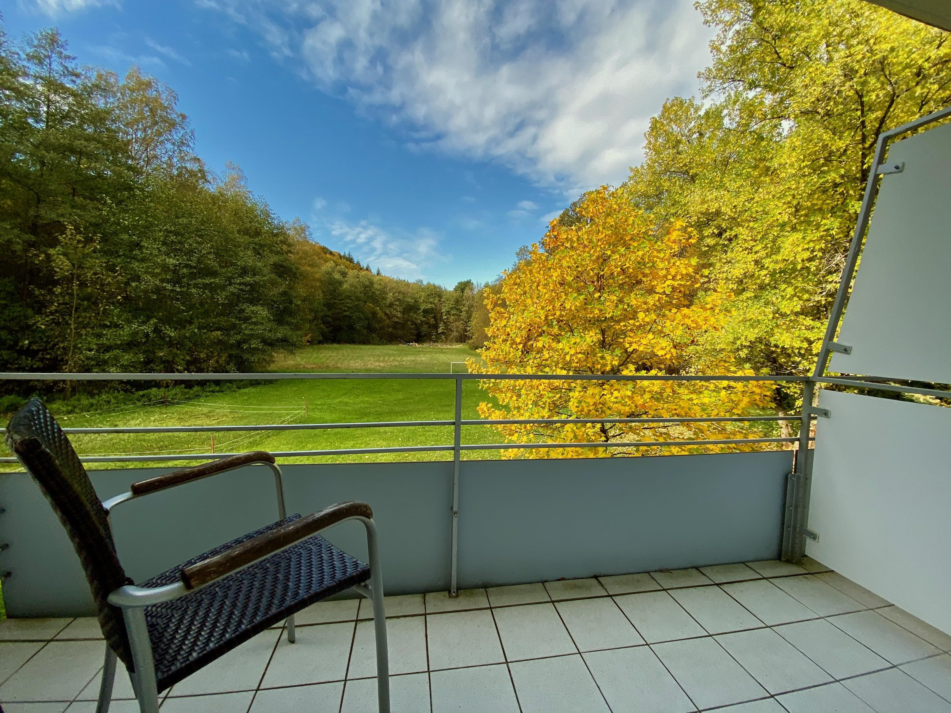 Un balcone con una sedia, vista su un campo verde e alberi con foglie gialle.