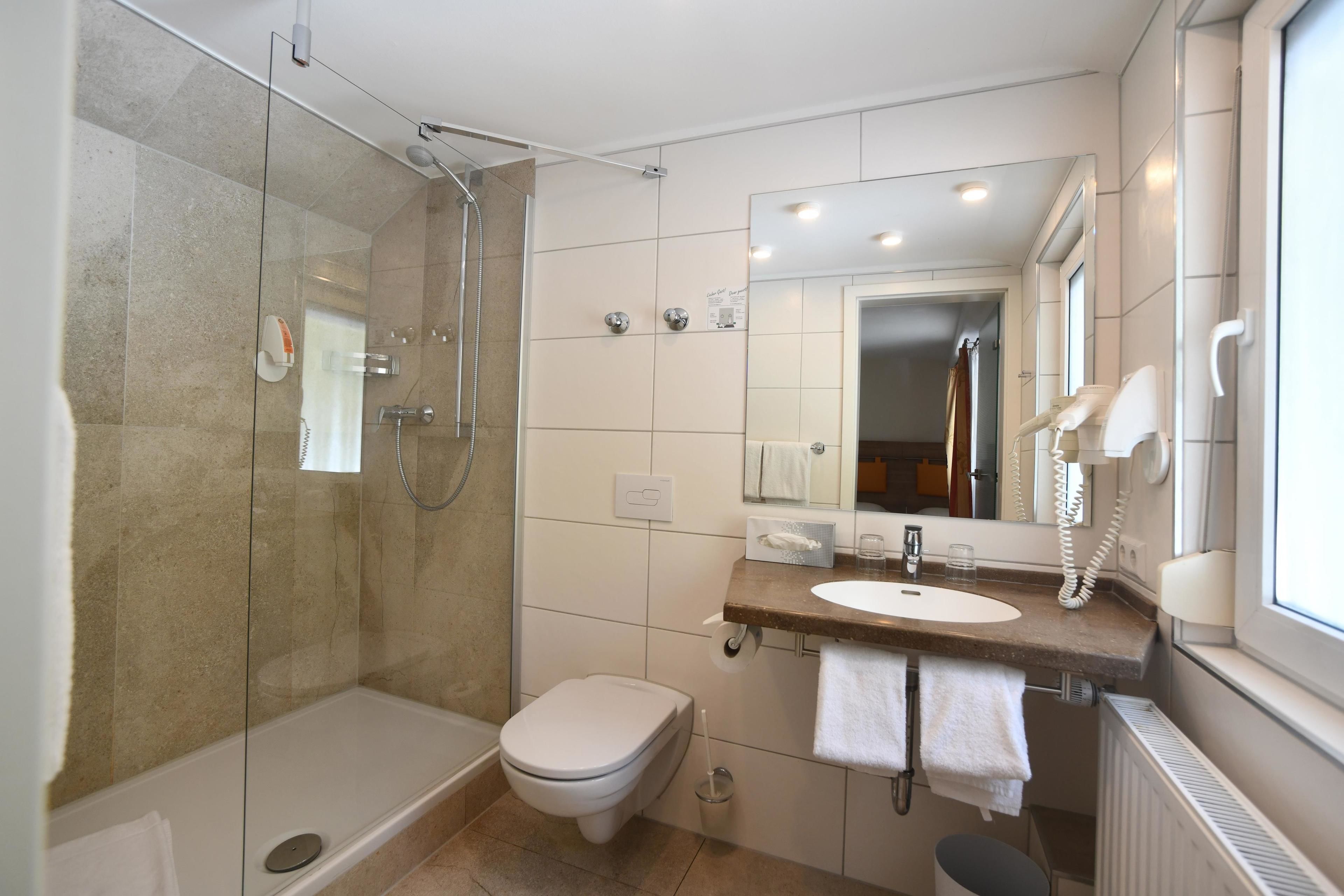 A modern bathroom with a glass-enclosed shower, a toilet, and a sink with a mirror above it.
