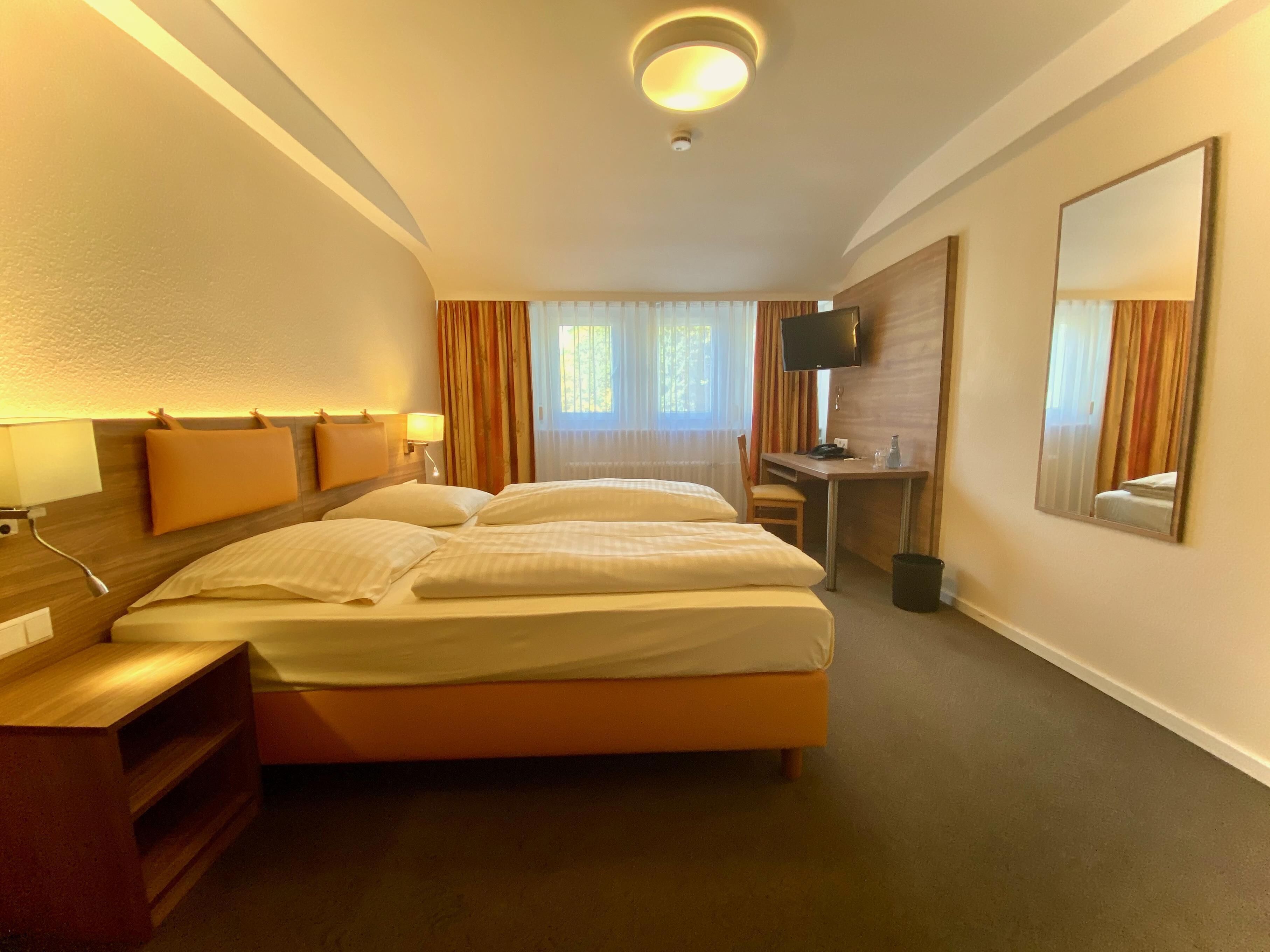 Habitación de hotel con cama doble, escritorio, silla, televisor y espejo.