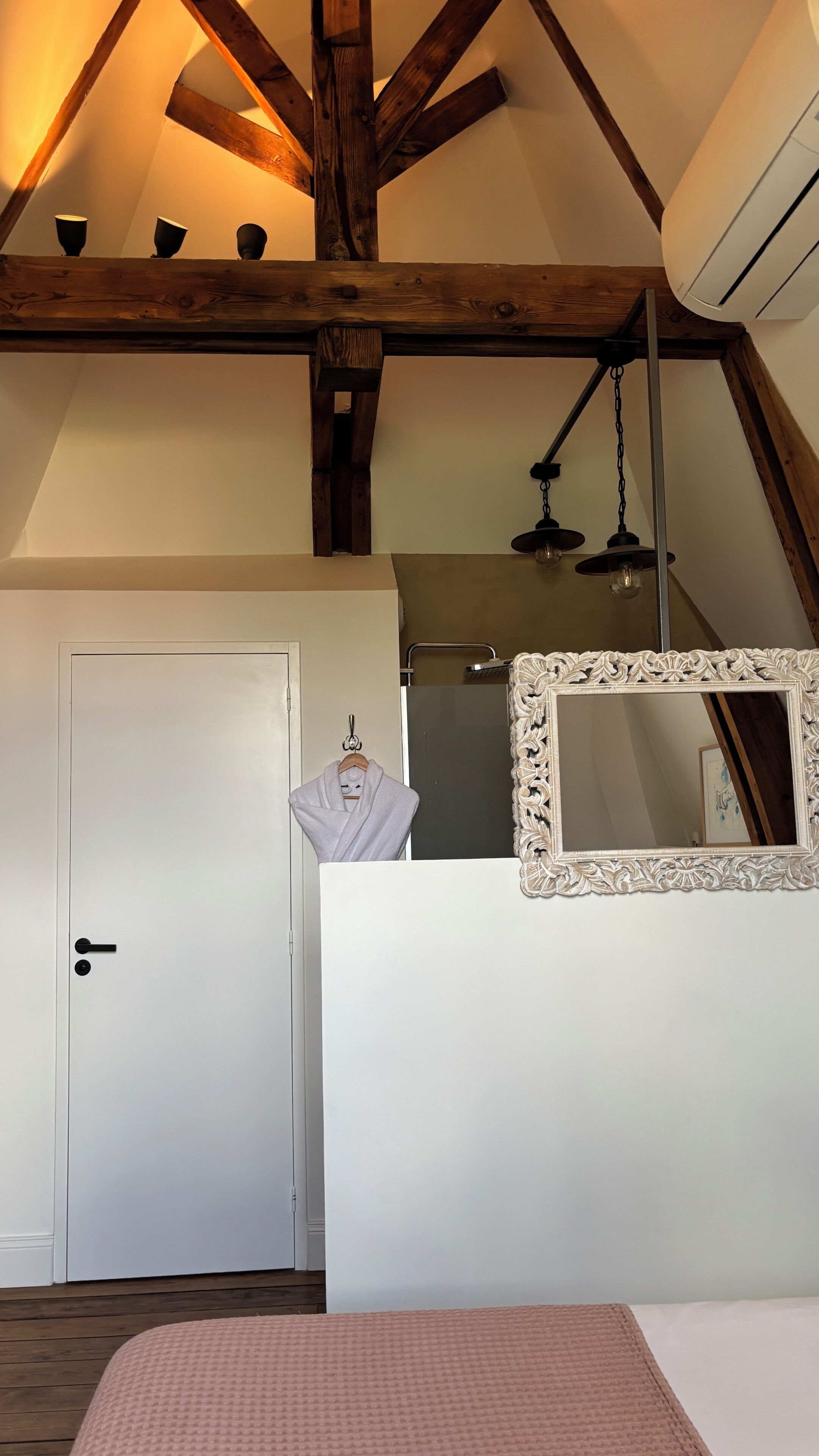 A bedroom with a white door, a hanging robe, a mirror with an ornate frame, and a bed with a pink blanket.