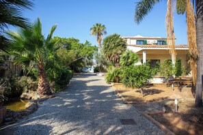 A pathway leading to a building with a tiled roof, surrounded by palm trees and greenery.