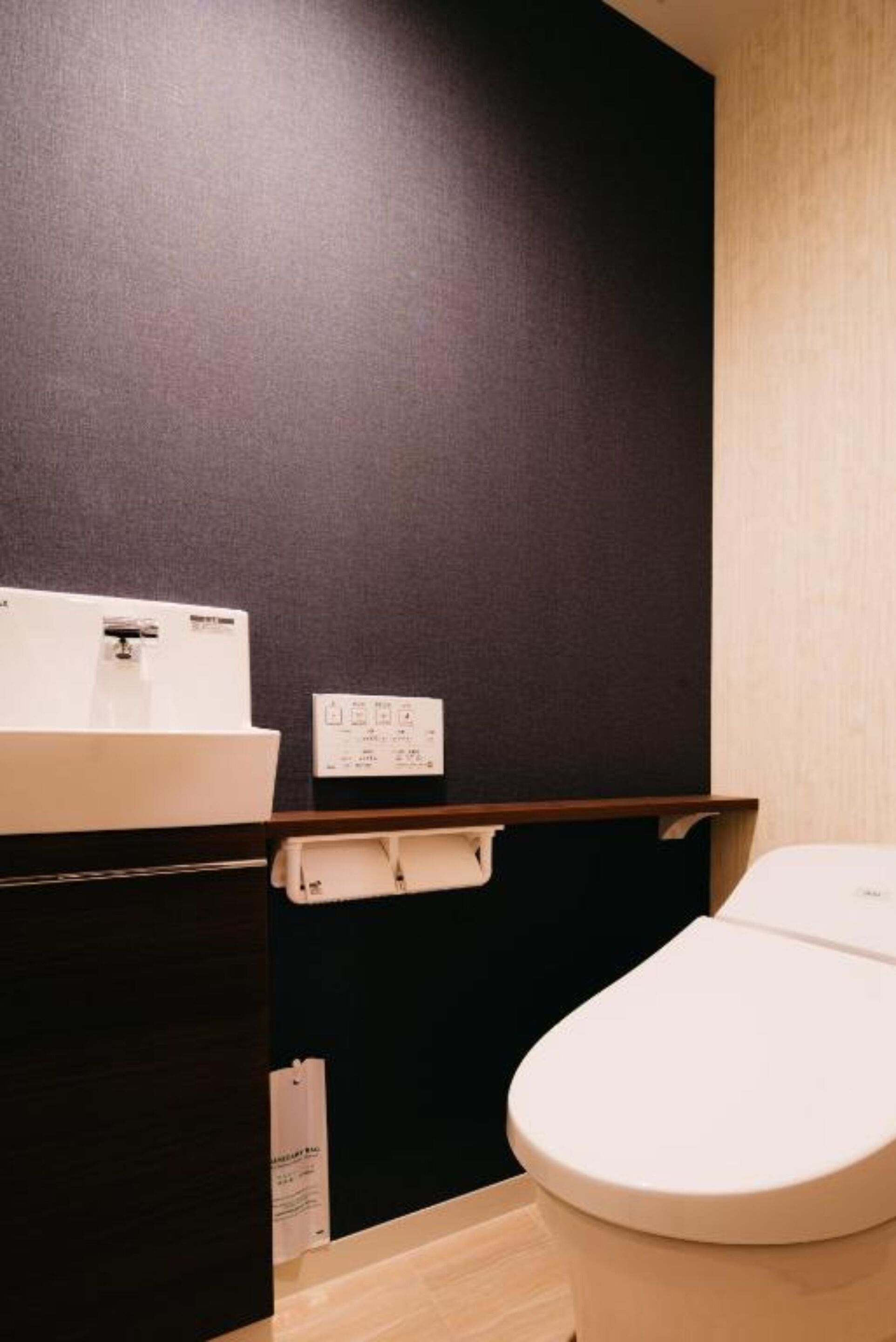 Une salle de bain moderne avec un mur foncé, un lavabo blanc et des toilettes.