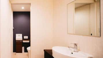 Separate bathtub and shower, free toiletries, hair dryer, slippers