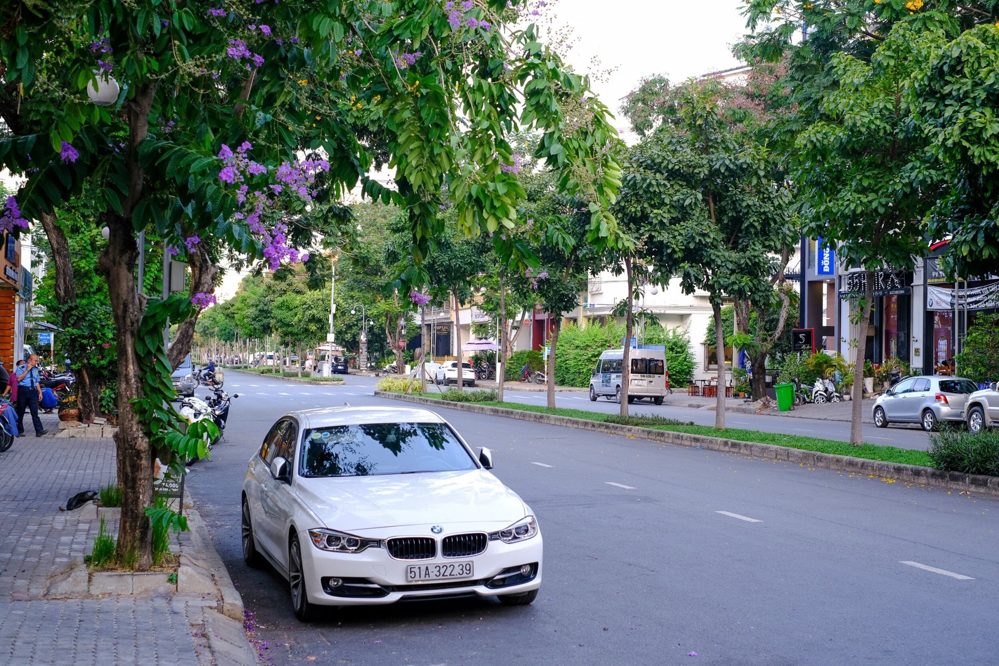 A white car parked on a tree-lined street with buildings and shops in the background.