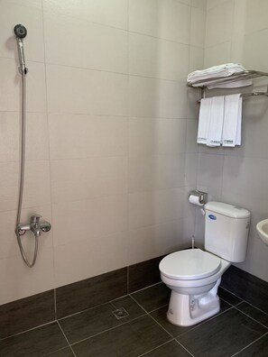 Shower, free toiletries, hair dryer, slippers