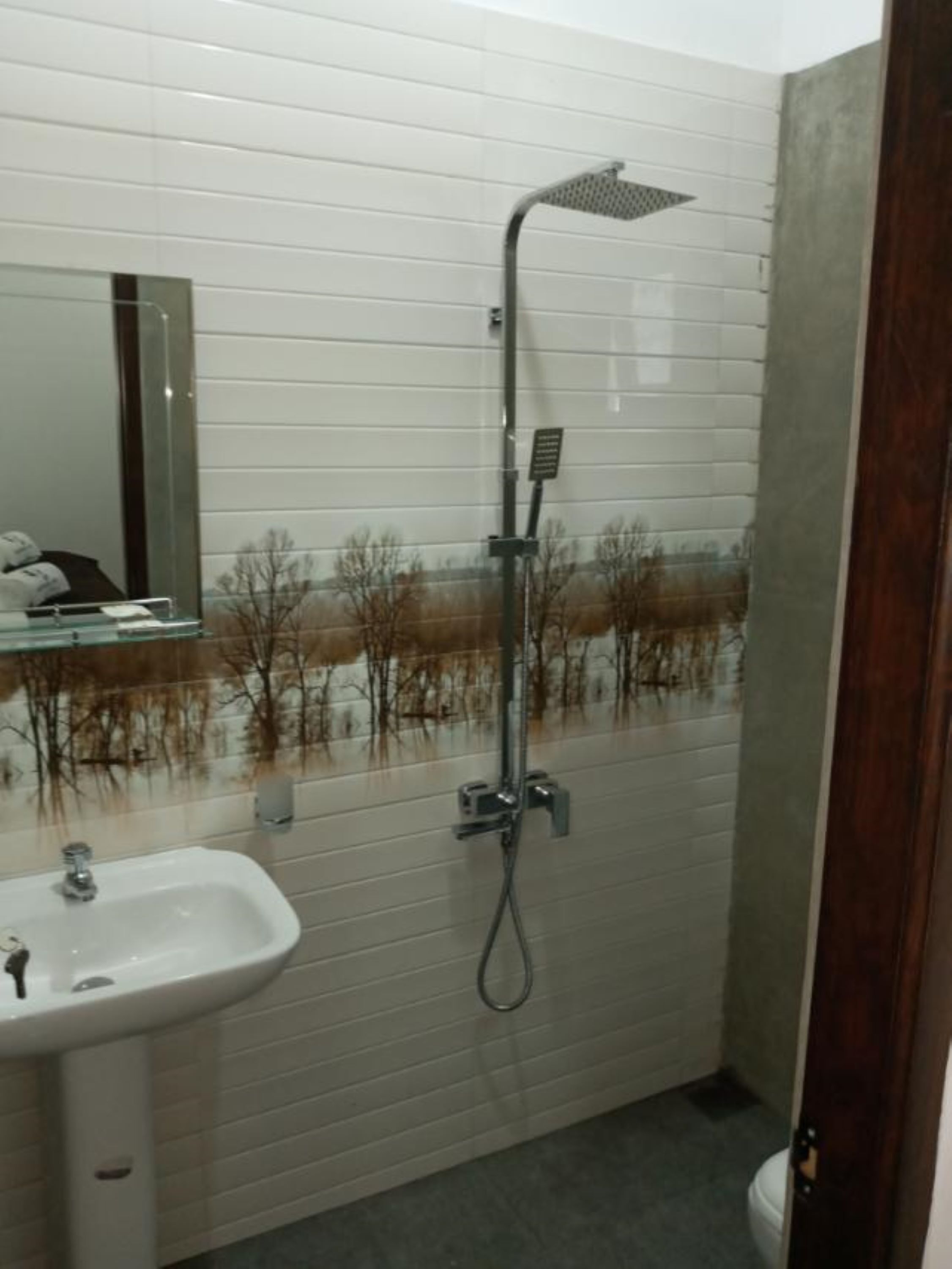 Ein Badezimmer mit weißem Waschbecken, einem Spiegel und einer Dusche mit Blick auf Bäume.