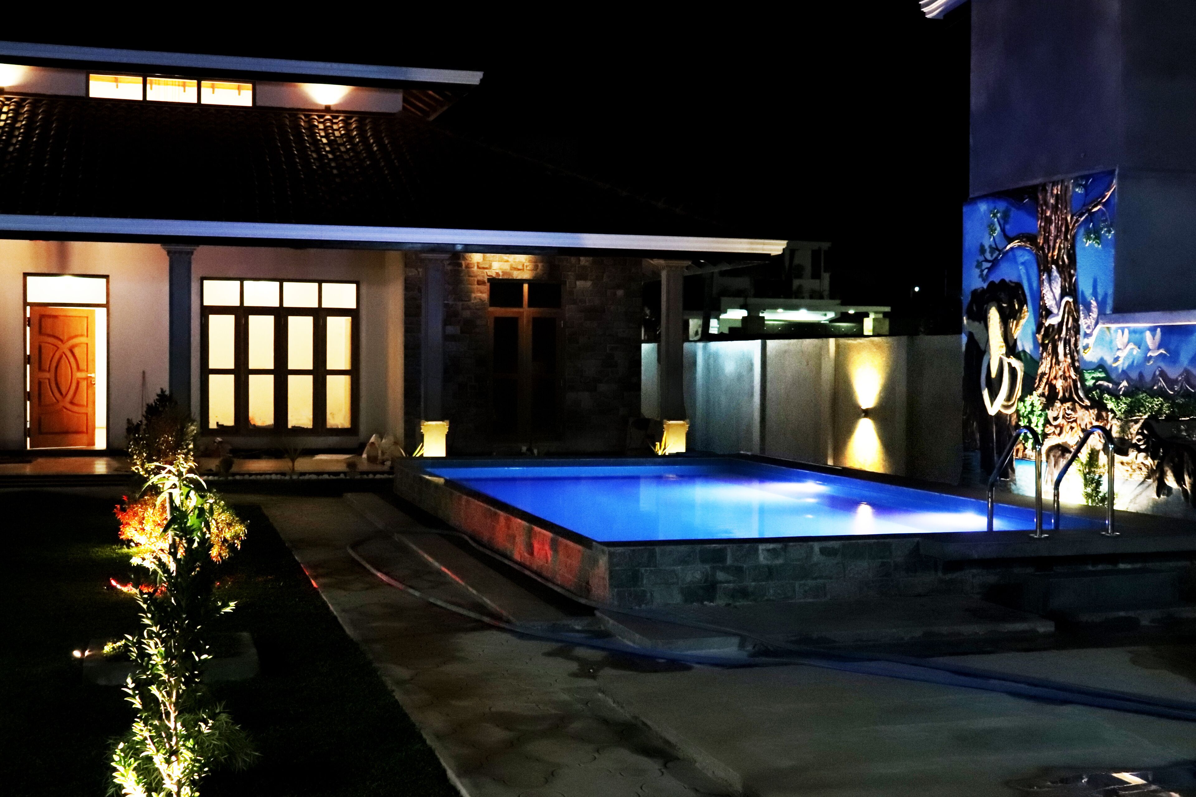 A swimming pool with a stone border, a well-lit entrance, and a decorative tree sculpture.