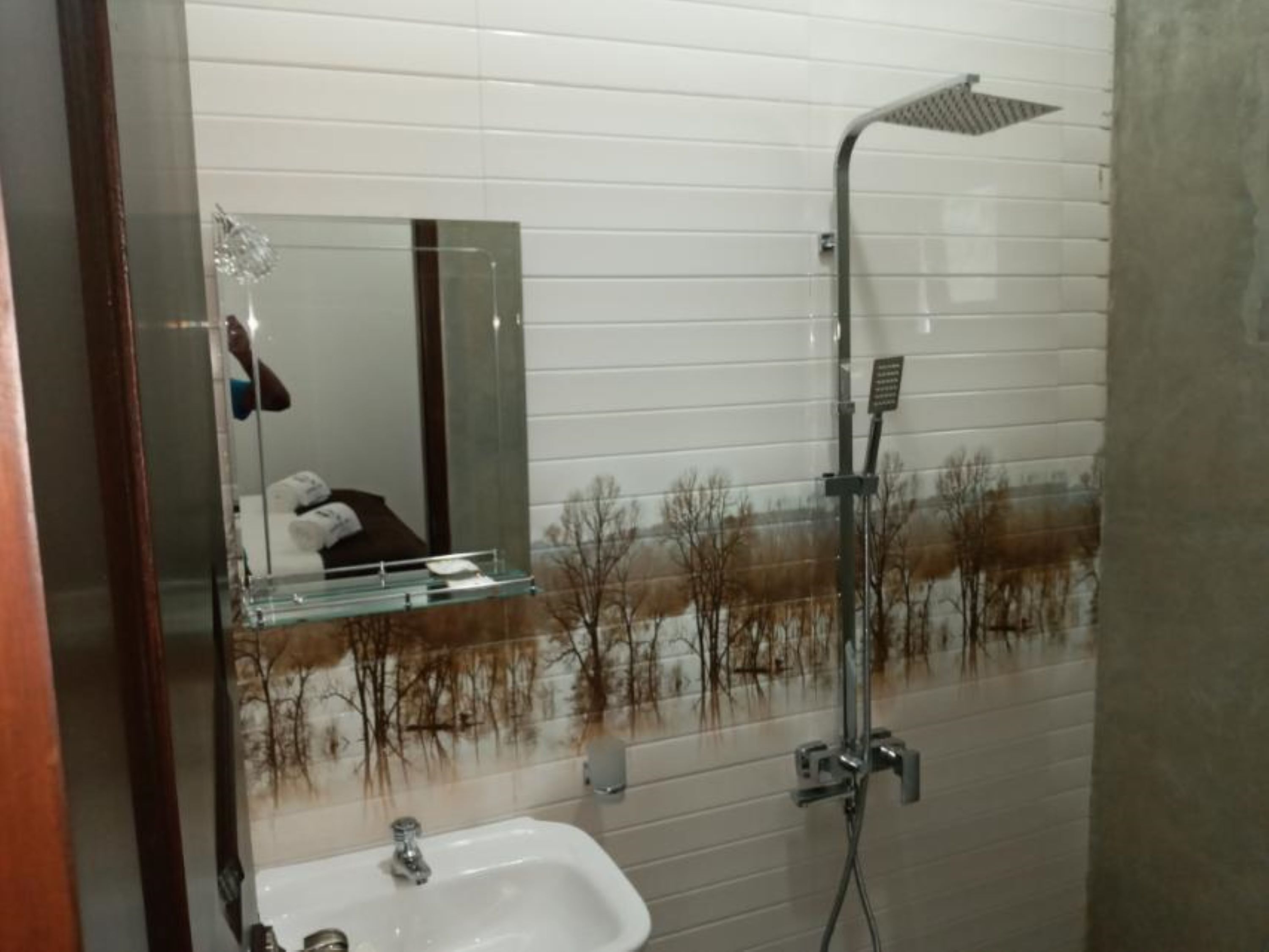 A bathroom with a glass shelf, a sink, a mirror, and a shower.