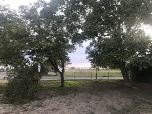 A park with trees, a fence, and a road in the background. - Ferienwohnungen Möwe (Lembruch)