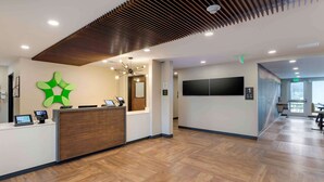 A modern reception area with a wooden reception desk, a green abstract wall art, a flat-screen TV, and a wooden floor.