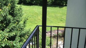 A balcony with a view of a grassy area and trees. - Casa Polín (Vega de Valcarce)