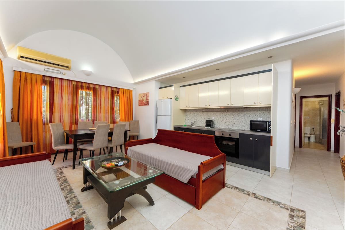 A compact living space with a sofa, dining table, chairs, a glass coffee table, a kitchenette, and a bathroom.