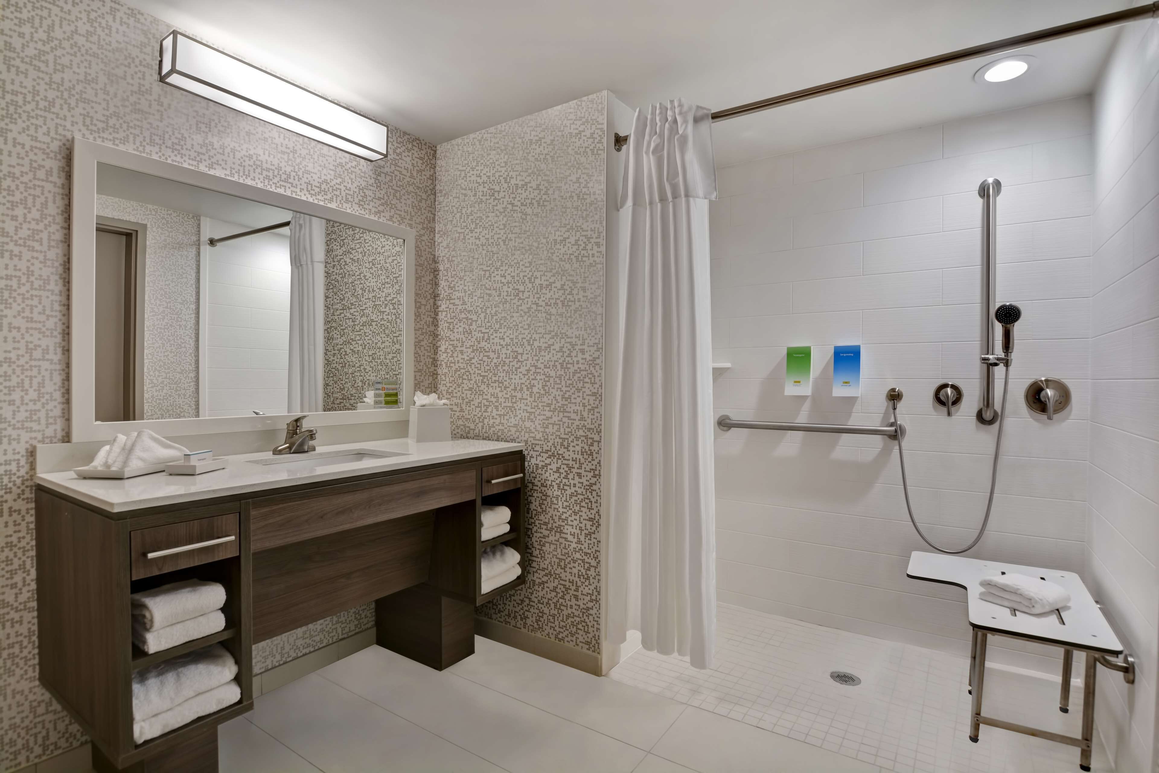 standard studio suite, 2 queen beds, accessible (mobility & hearing) | bathroom | hair dryer, towels, soap, shampoo