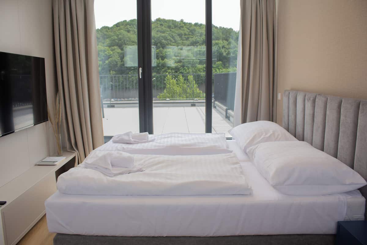 A hotel room with a bed, a flat-screen TV, and a balcony with a view of greenery.