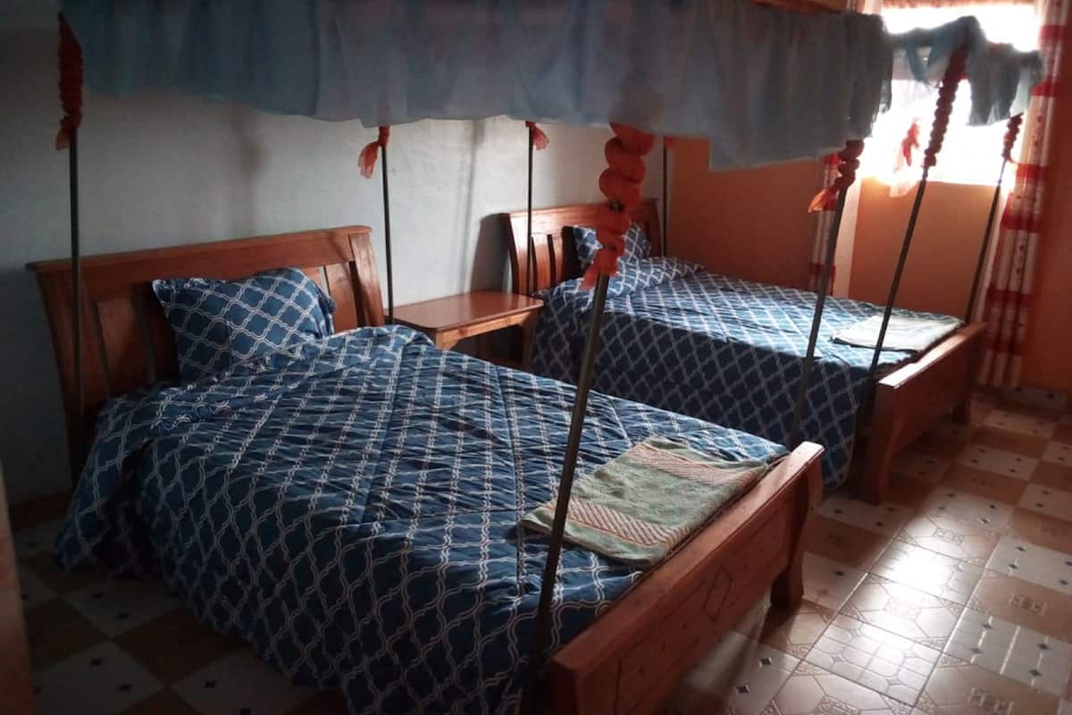 Una habitación con dos camas de madera, cada una con un edredón azul estampado y un dosel. Hay una pequeña mesa de madera entre las camas.
