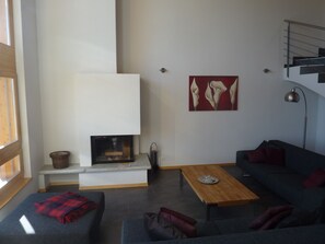 Luxury Apartment, 4 Bedrooms | Living room | Flat-screen TV, fireplace - Appartement Loup-Blanc Est (Ayent)