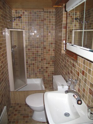 Une salle de bain avec douche, toilettes et lavabo.