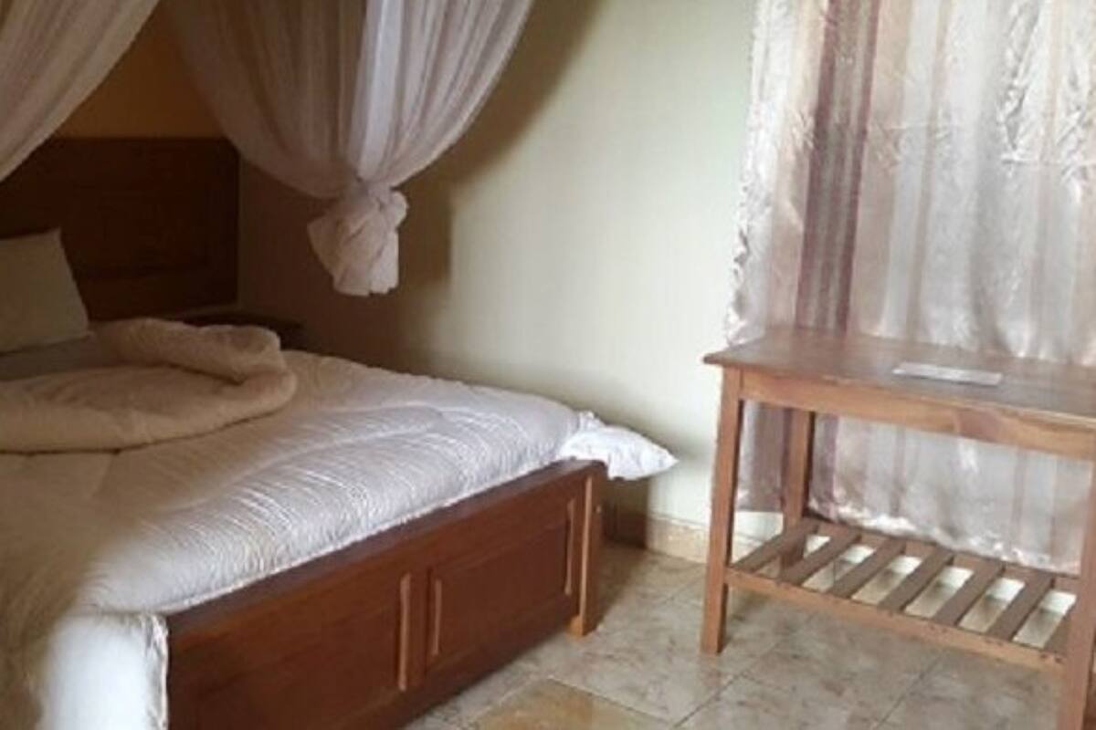 A single bed with a wooden frame, a canopy, and a bedside table.