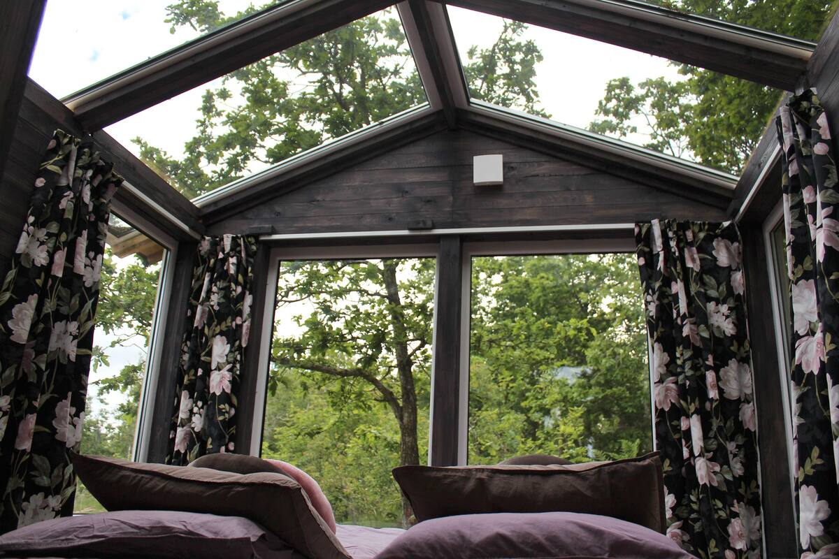 A room with a skylight, large windows with floral curtains, and a view of trees.