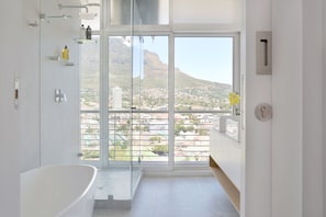 Separate bathtub and shower, free toiletries, towels