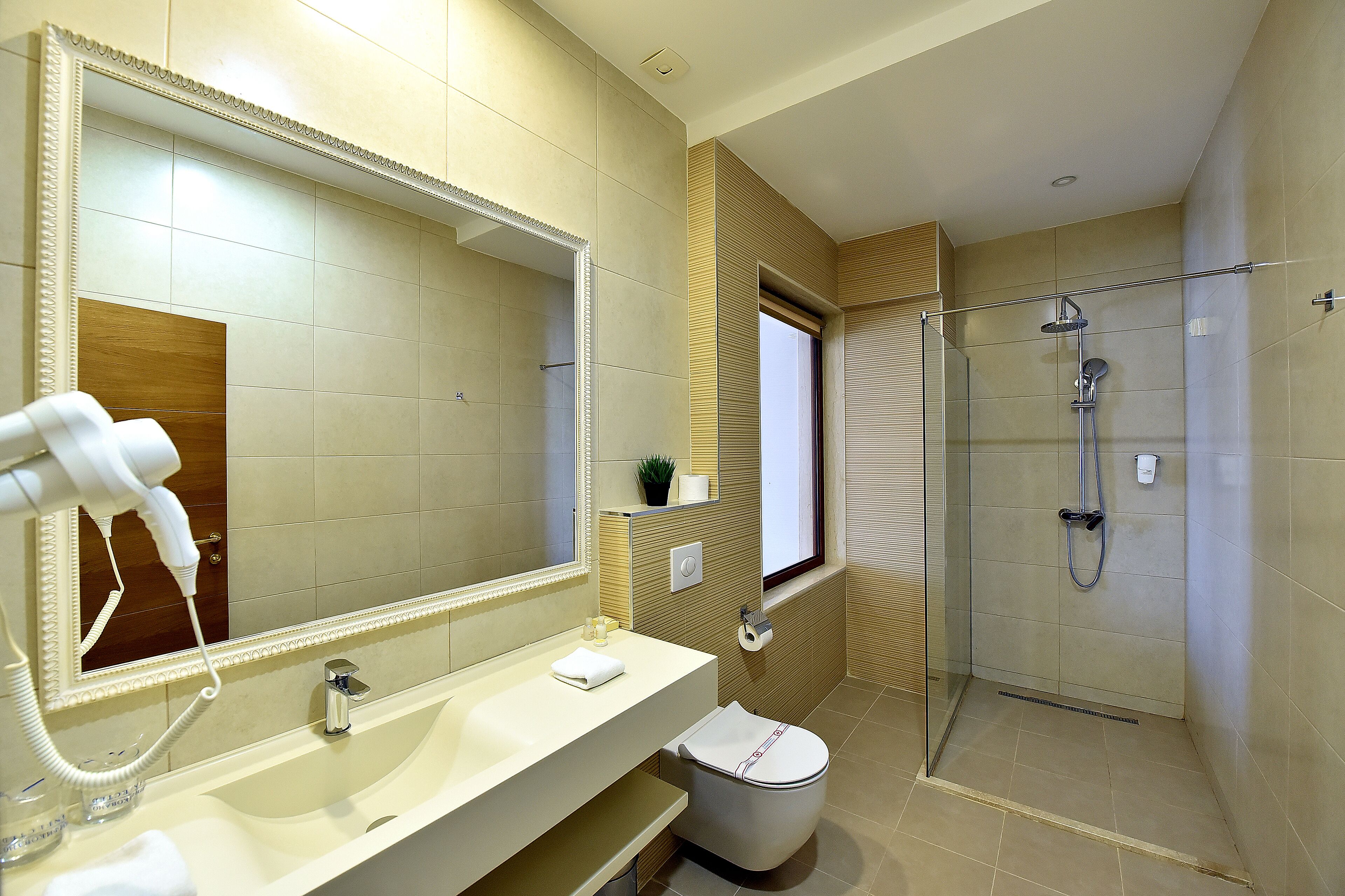 shower, free toiletries, hair dryer, bathrobes