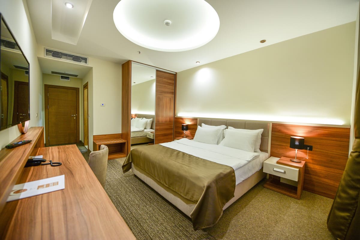 Una habitación de hotel con cama, mesitas de noche, escritorio, espejo y una lámpara en el techo.