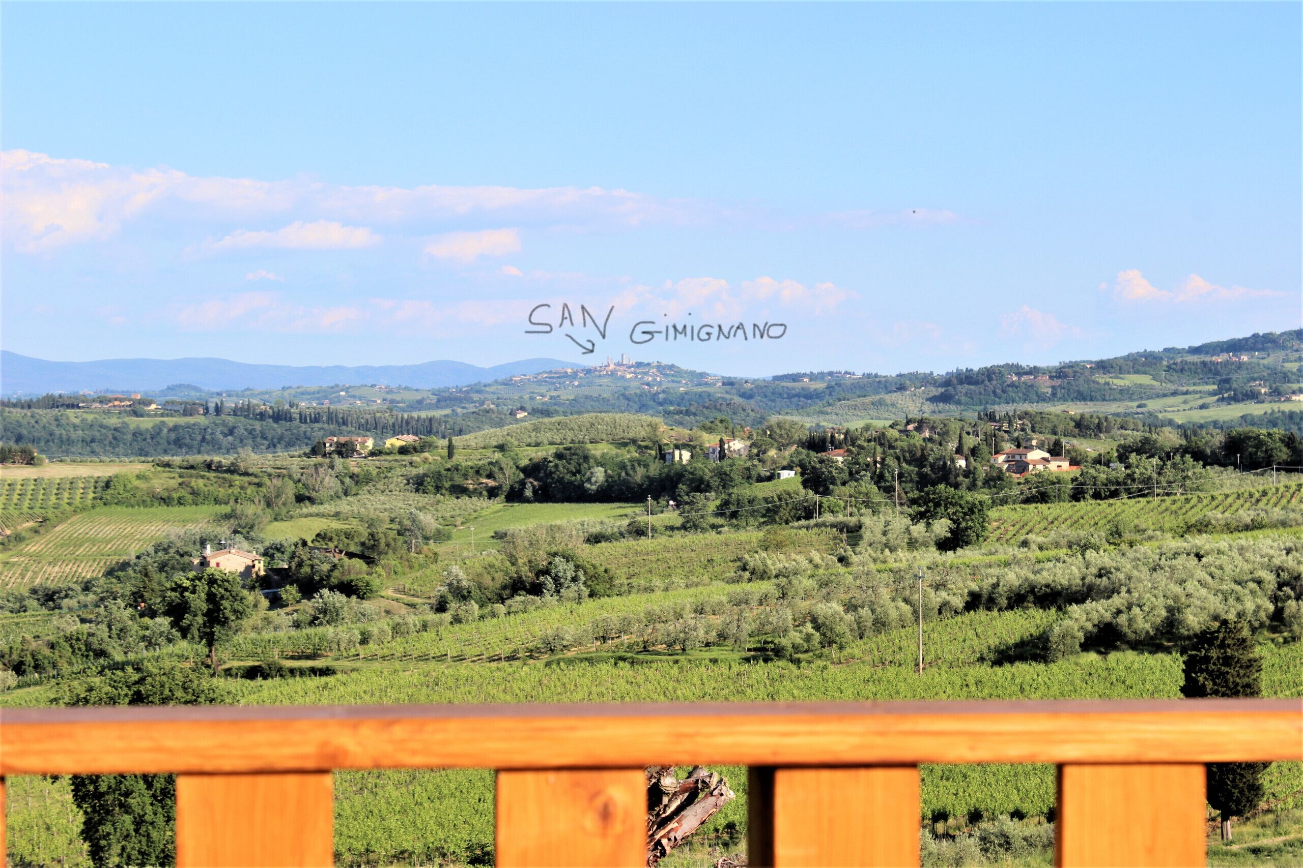 A scenic view of San Gimignano with vineyards and rolling hills.