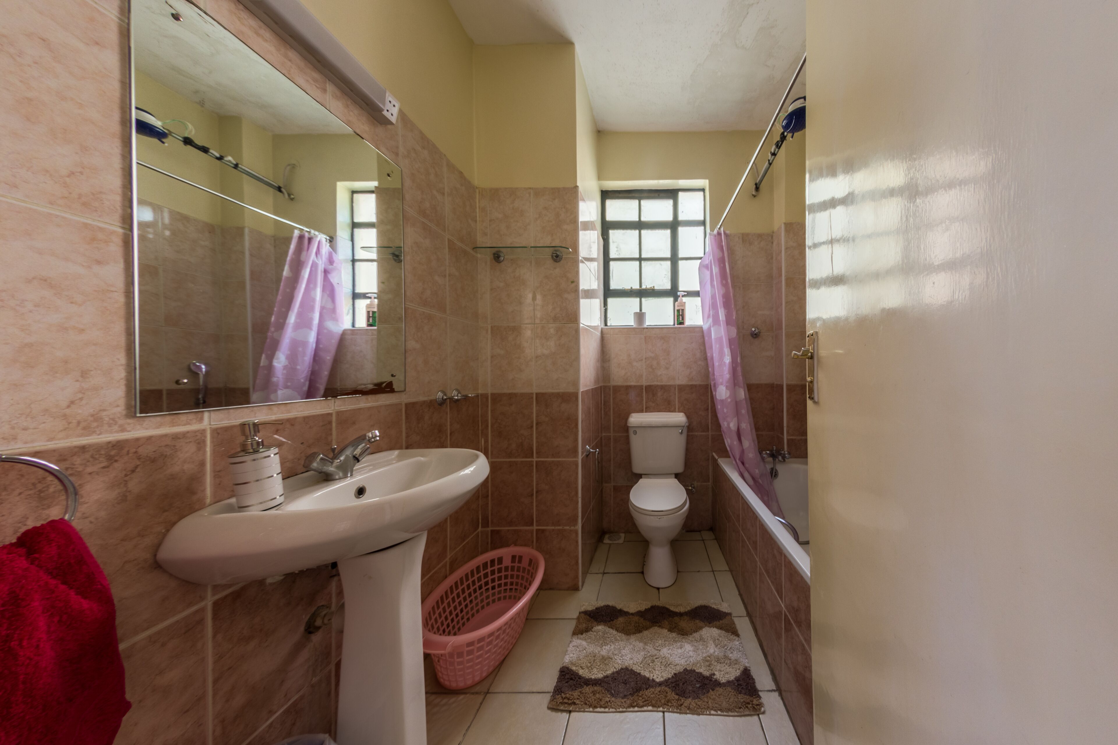 Une salle de bain avec un lavabo, des toilettes et une douche.