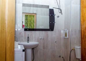 A modern bathroom with a sink, mirror, and shower.