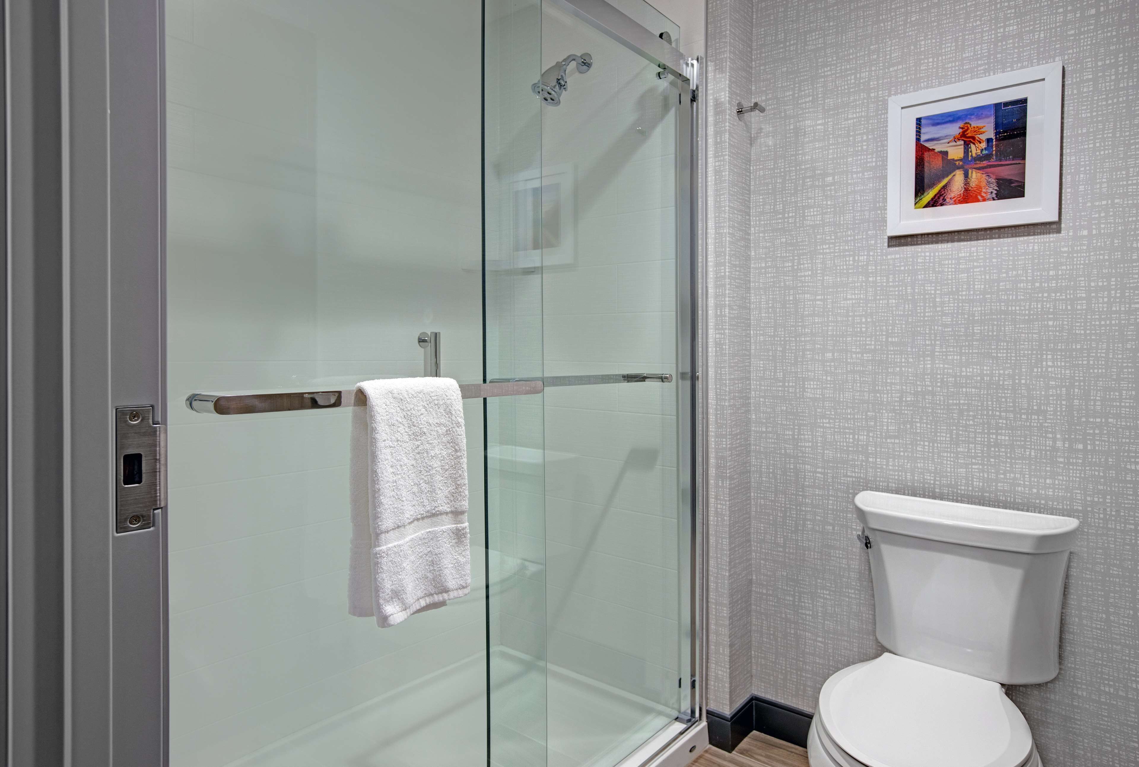 A modern bathroom with a glass-enclosed shower, a white toilet, and a framed artwork on the wall.