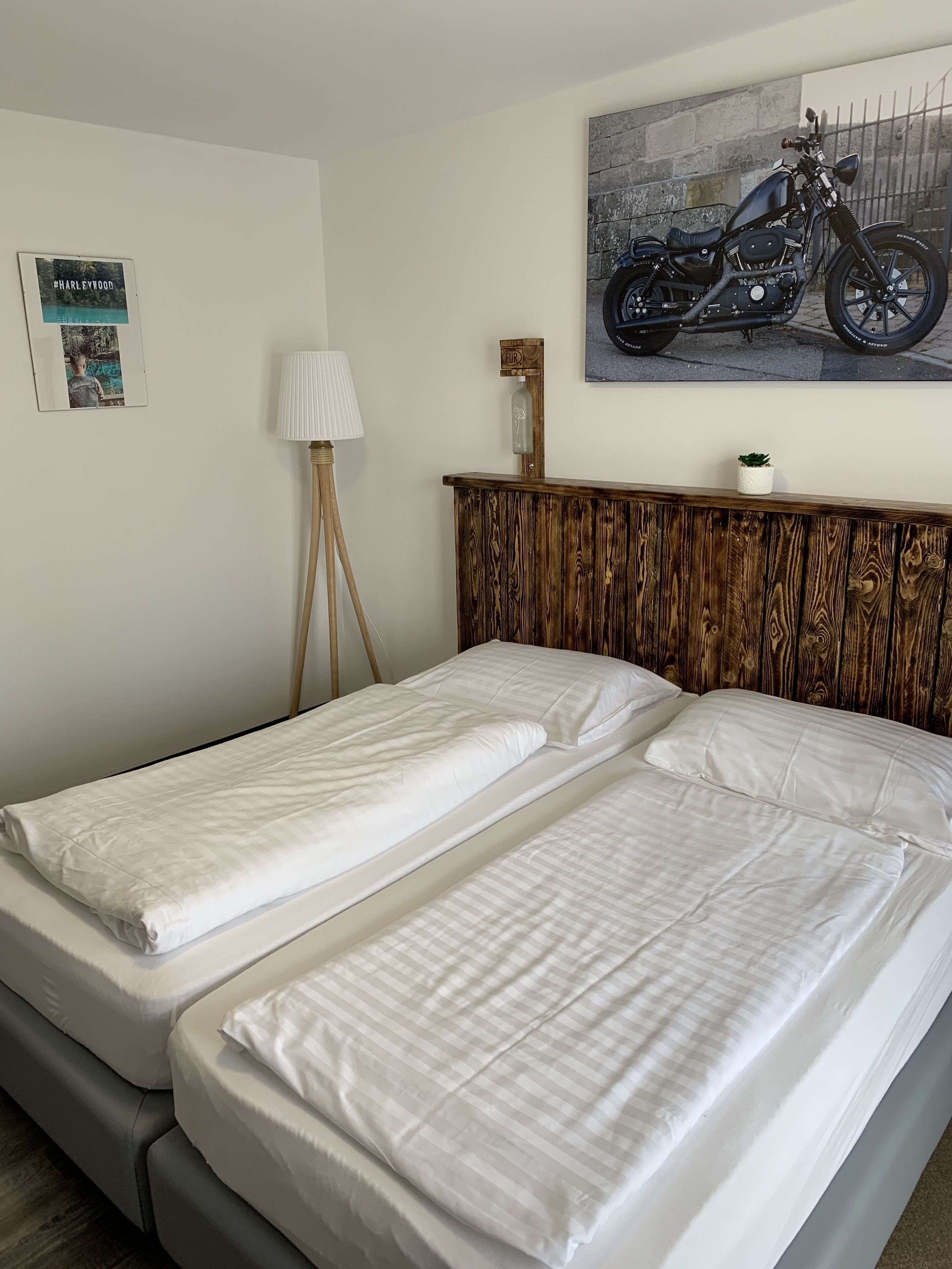 A double bed with white linens, a wooden headboard, a wall-mounted lamp, a framed motorcycle picture, and a small potted plant.