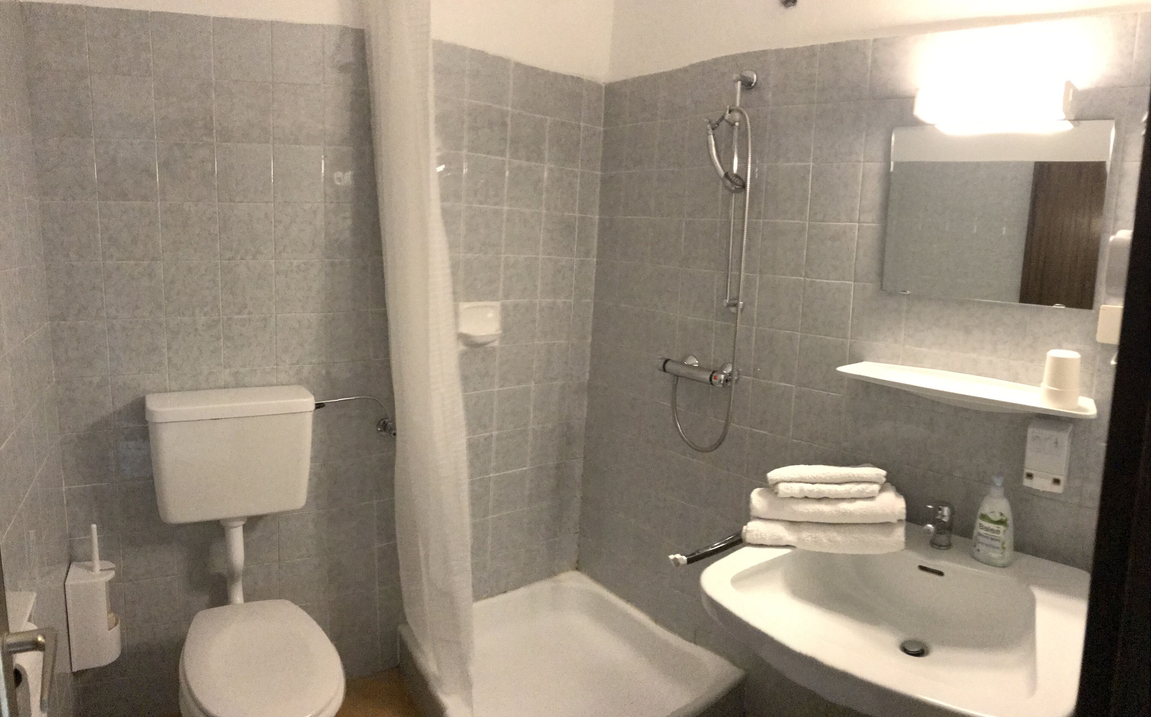 A bathroom with a toilet, shower, and sink.