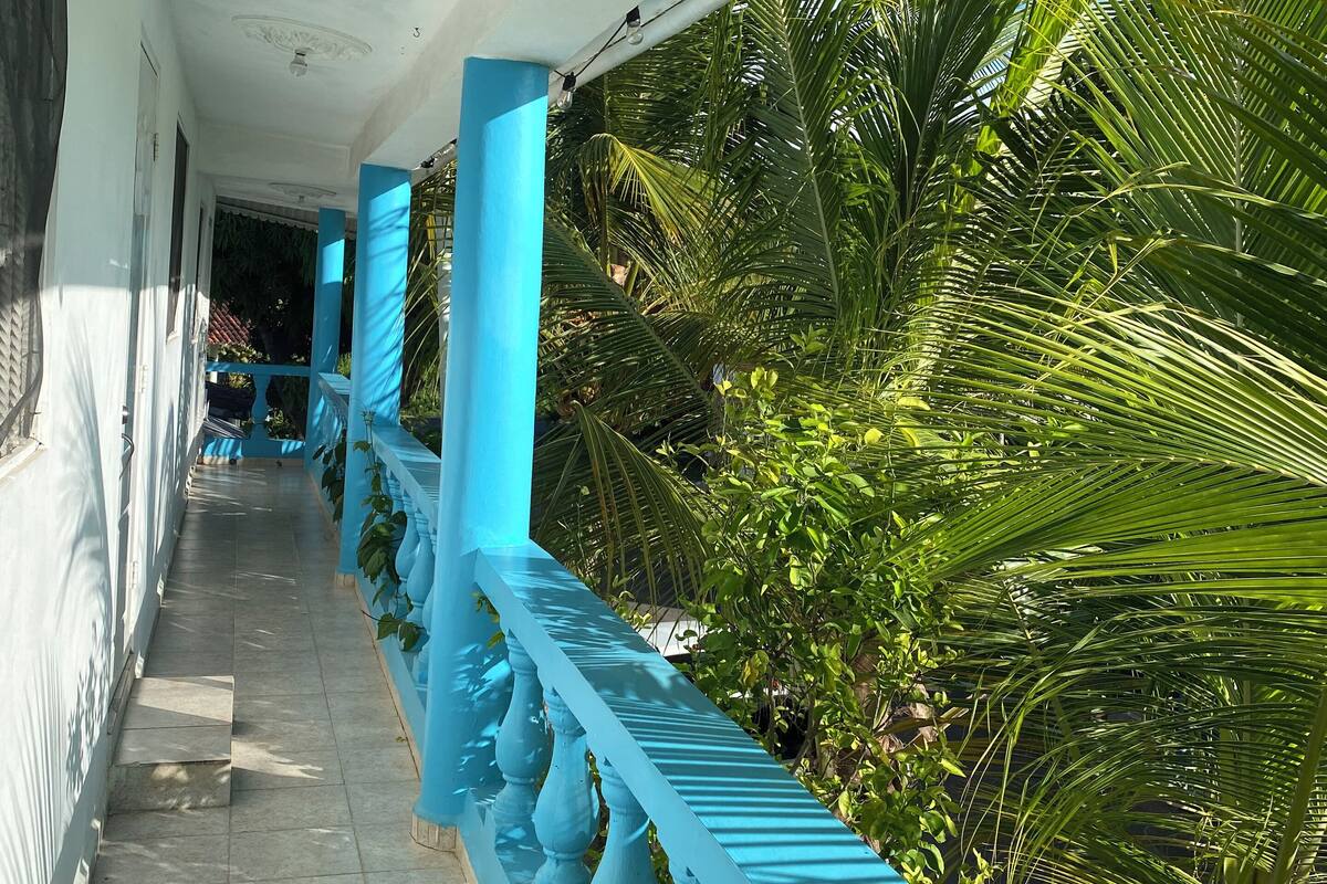 A covered corridor with blue railings, tiled flooring, and palm trees in the background.