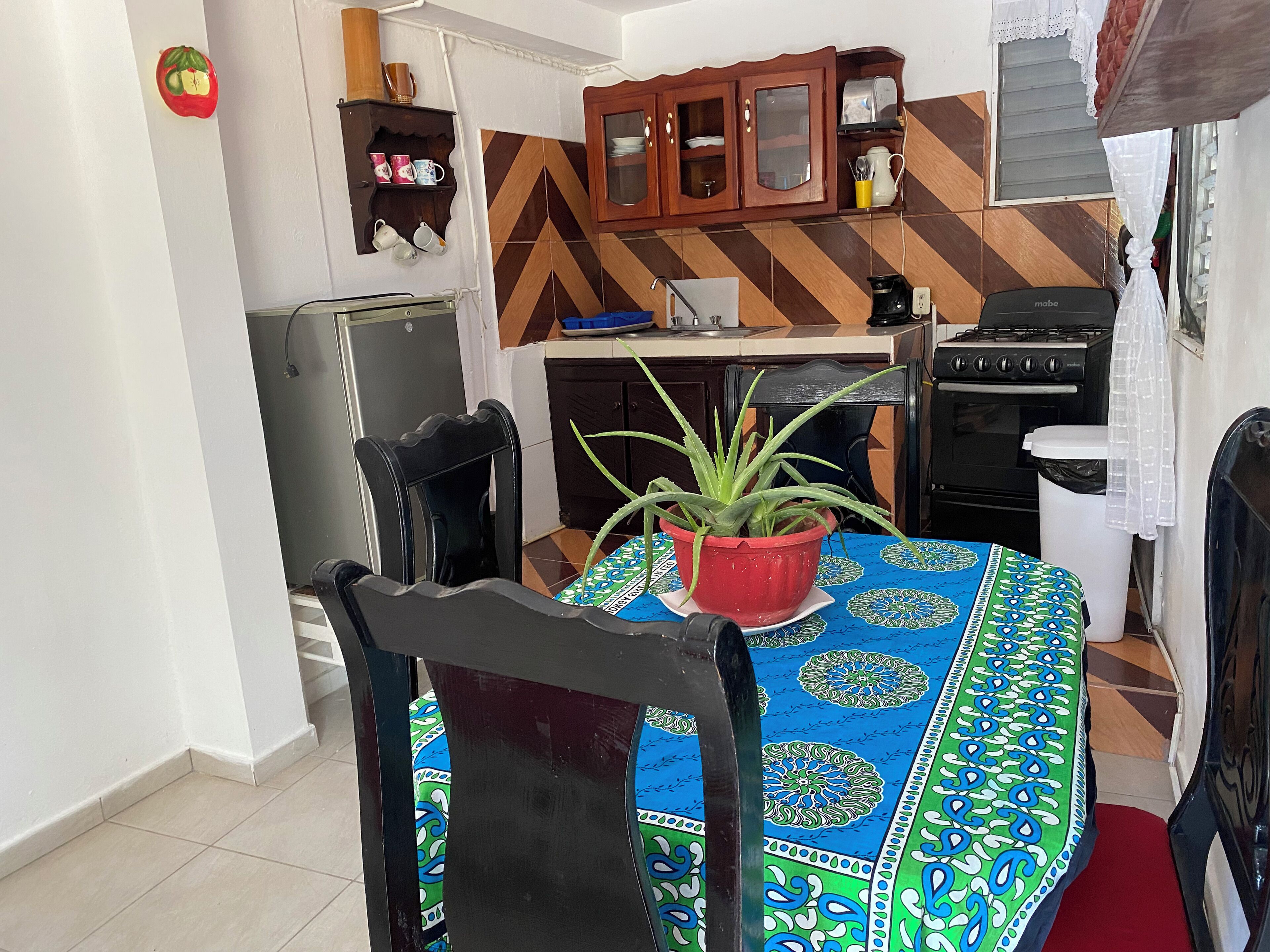 A compact kitchen with a dining table, chairs, a potted plant, and a stove.