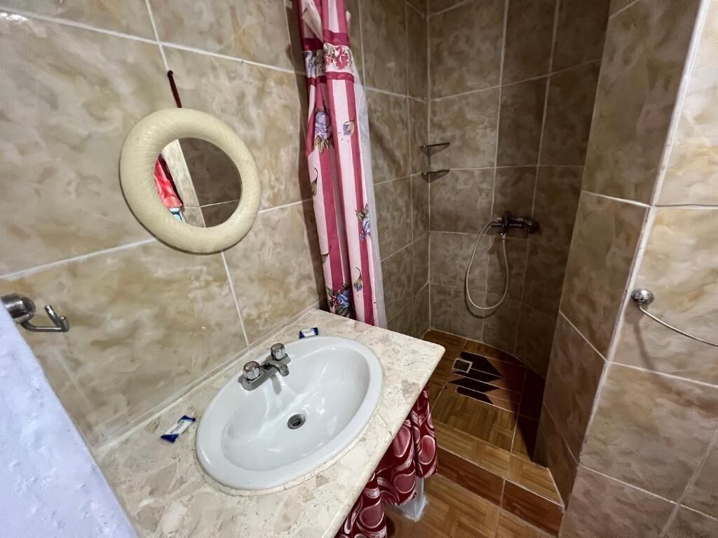 Une salle de bain avec un lavabo, un miroir, une douche et des murs carrelés.
