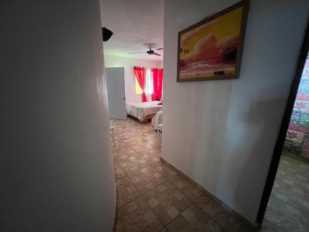 A hallway leading to a bedroom with a bed, a ceiling fan, and a painting on the wall.
