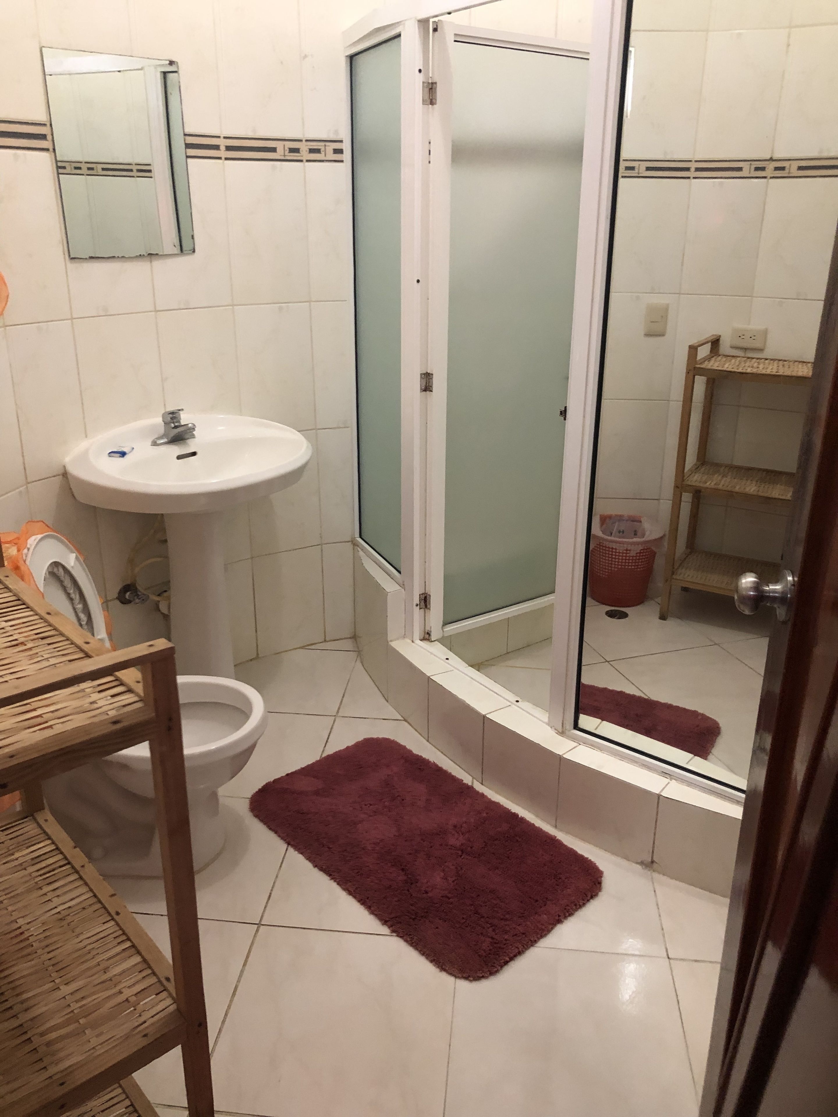 Un baño con lavamanos blanco, inodoro, ducha con puertas de vidrio satinado y estante de madera.