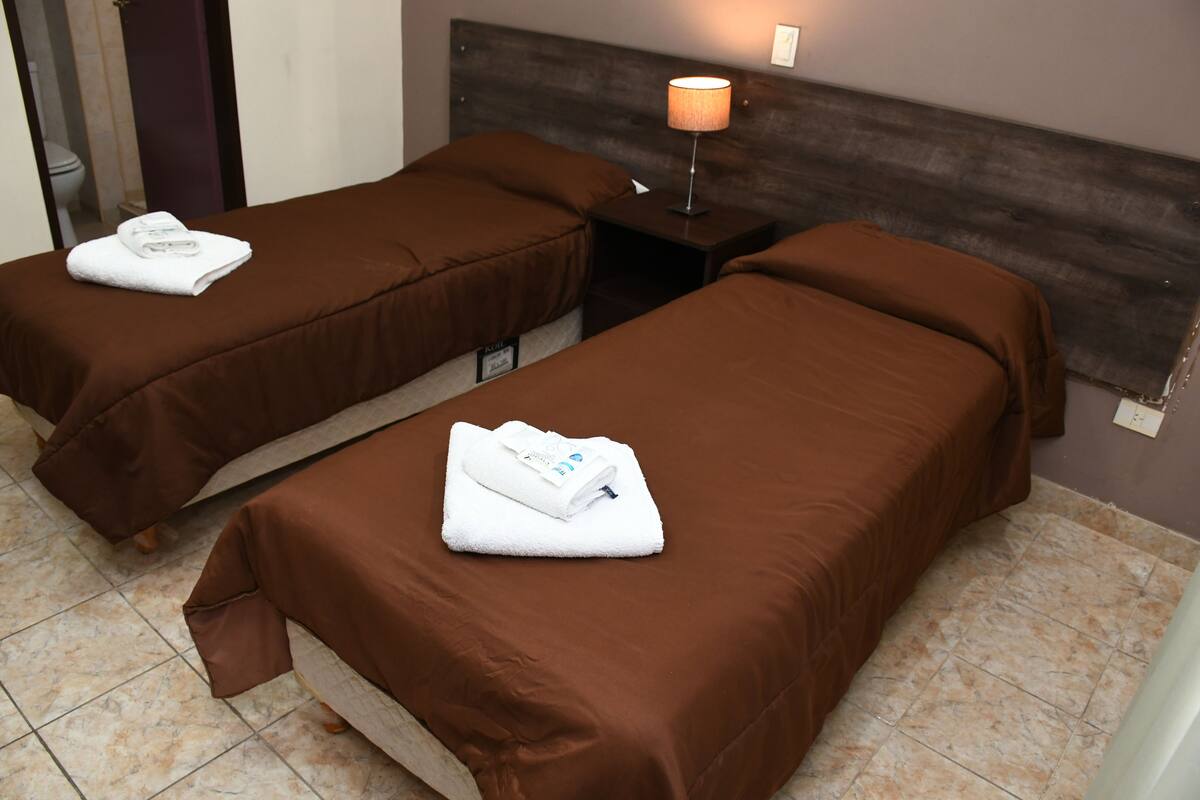 A hotel room with two single beds, each with a brown bedspread and a white towel folded on top. There is a nightstand with a lamp between the beds.