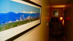 A framed cityscape of Denver, Colorado, with a view of skyscrapers and mountains. - Denver Blue Bear Romantic Spa Getaway: Private 1 BR Apartment with NEW Spa Room (Denver)