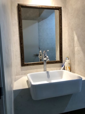 Combined shower/bathtub, jetted bath, hair dryer, bidet