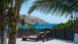 A poolside area with lounge chairs, a palm tree, and a view of the ocean. - Villa MICELA – Beachfront Escape with Pool in Flamands, St. Barths (Gustavia)