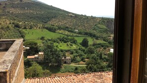 Une vue d’une colline, avec des bâtiments et de la végétation.