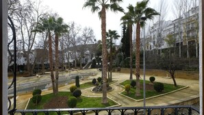 Un jardin aménagé avec des palmiers, une fontaine et un chemin pavé.