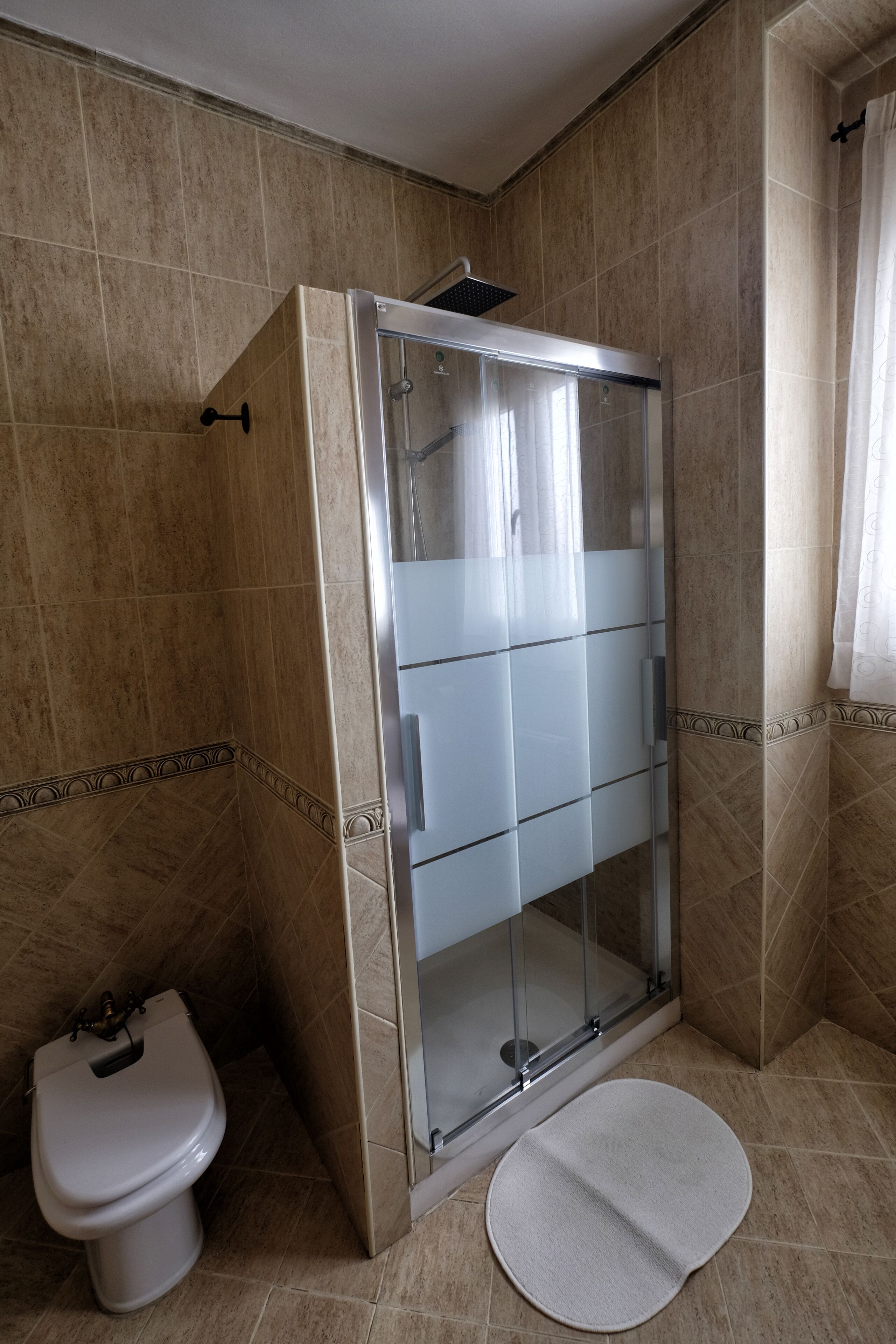Un baño con ducha de vidrio, inodoro y felpudo.