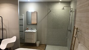 A modern bathroom with a shower, a sink, and a mirror. - the Grand Potager, a very beautiful calm and preserved environment (Mittainvilliers-Vérigny)